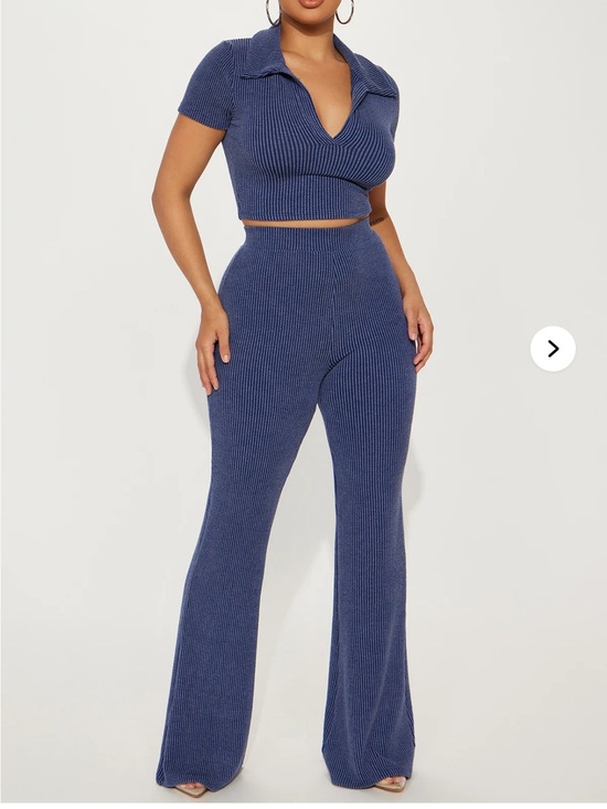 Fashion Nova Pants - Fashion Nova Ribbed Shirt and High-Waist Wide Leg Pants Set - Navy Blue